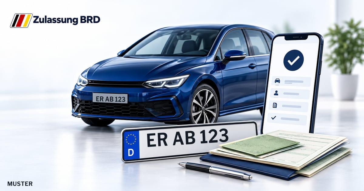 Online Fahrzeugzulassung in Erlangen: Musterkennzeichen ER AB 123, Auto und Fahrzeugpapiere und Smartphone. Illustration mit Logo von Zulassung BRD.
